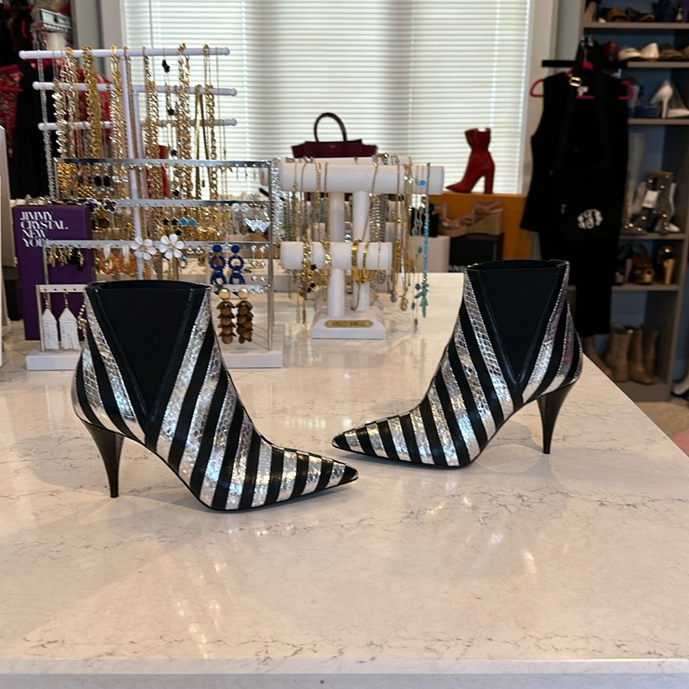 Saint Laurent Paris black and silver striped heeled booties size 37/ US 7
